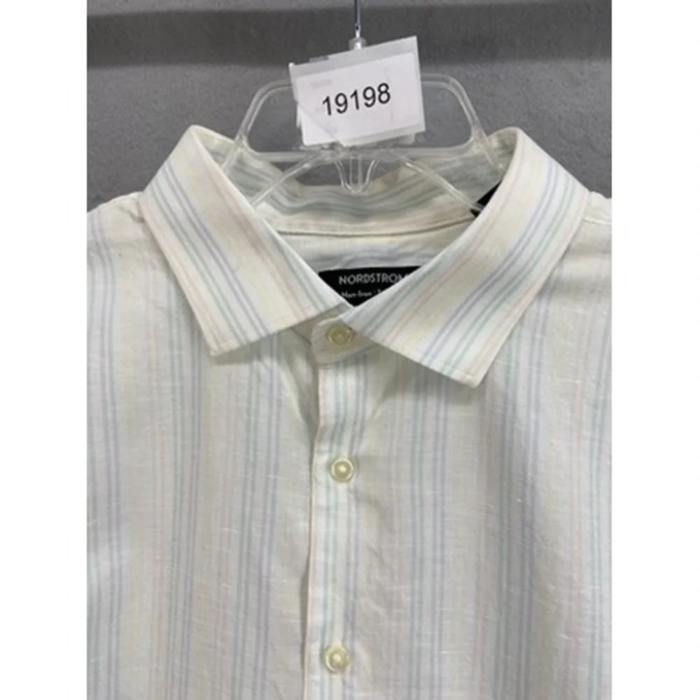 Nordstrom Shirts Mens 18 34 35 Trim Fit Non-Iron Striped Button Down Linen Blend